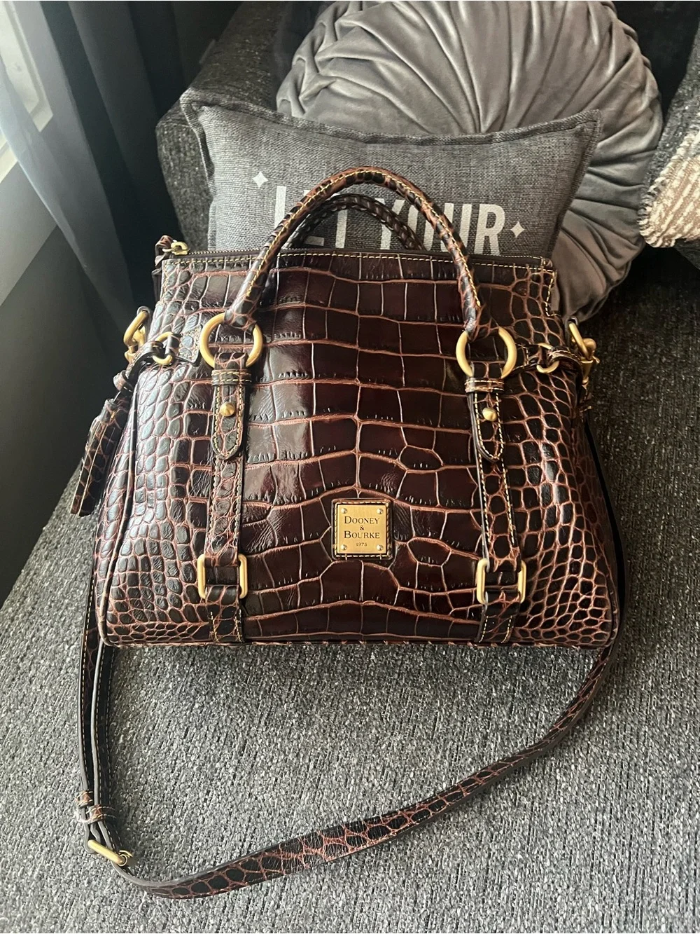 Dooney & Bourke Dark Brown Croc-Embossed Leather Satchel